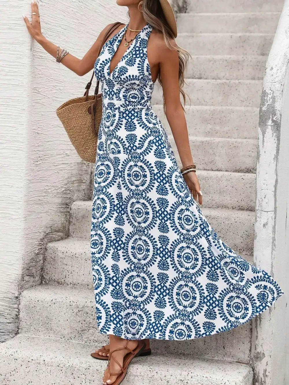 Textured Detail Printed Maxi Dress