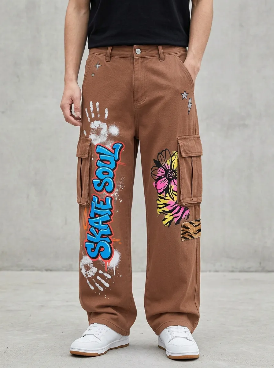 Men's Streetwear Skate Soul Graffiti Flower Graphic Cargo Jeans