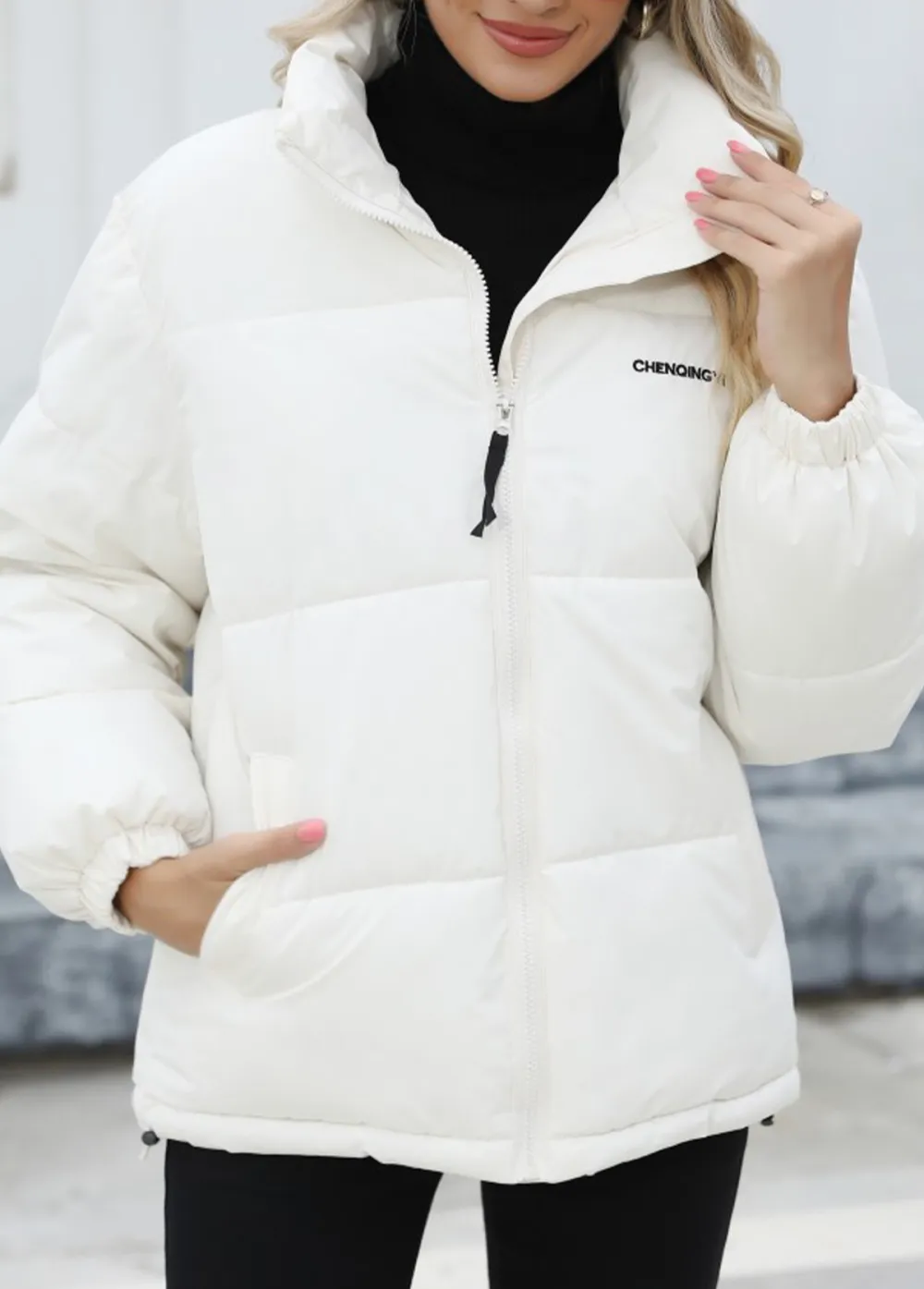 White Pocket Long Sleeve Stand Collar Coat