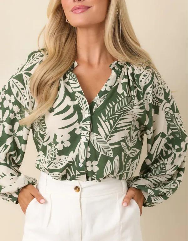 Button-Up Button-Front Long-Sleeve V-Neck Top
