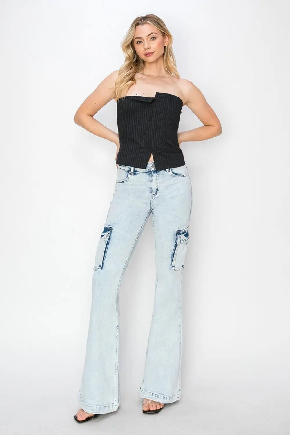 High Rise Cargo Flared Denim Jeans