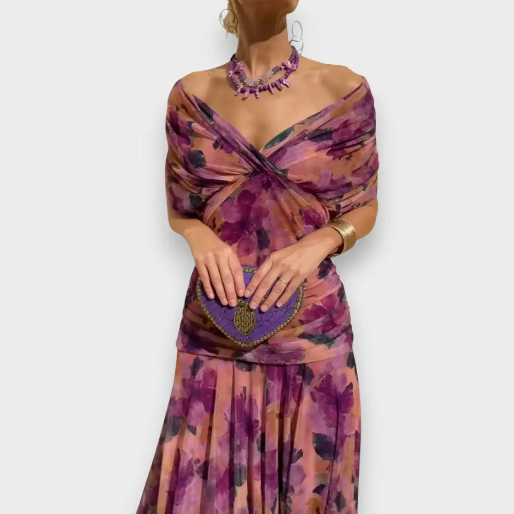 V-Neck Pleated Flowing Casual Dress