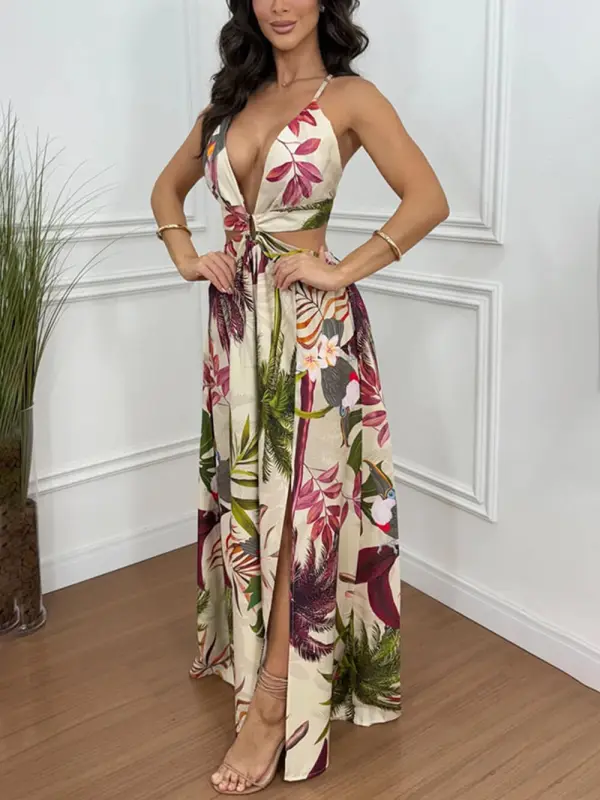 Bohemian Backless Print Slit Maxi Dress