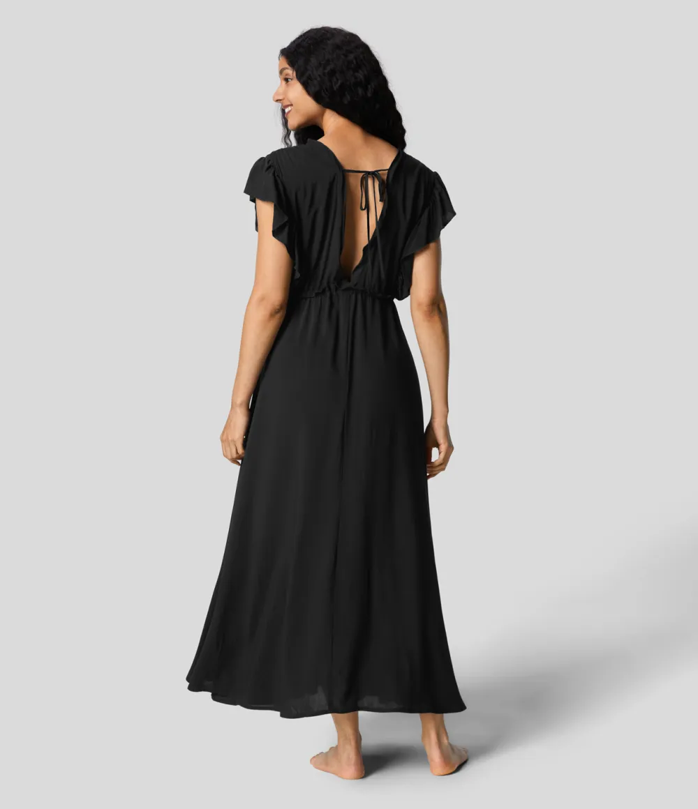 Deep V Neck Butterfly Sleeve Backless Drawstring Button Side Pocket Flowy Maxi Casual Dress