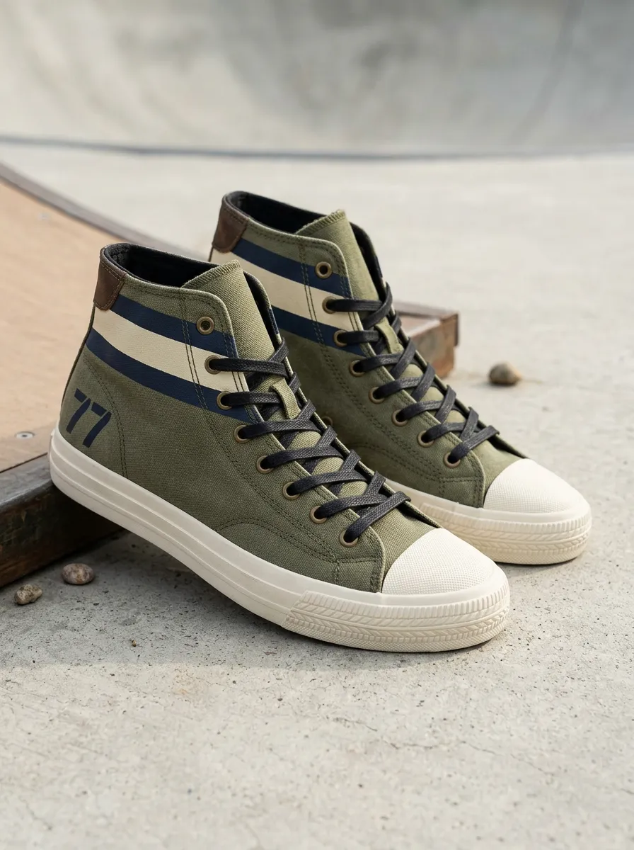 Men's Olive Green 77 Number Striped Printed Canvas Shoes