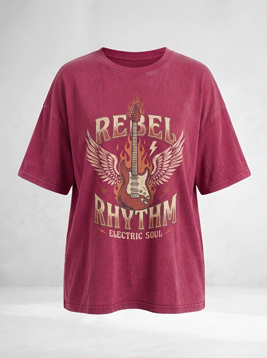 Unisex Rock Music Lover Flaming Guitar Wings Printed T-shirt