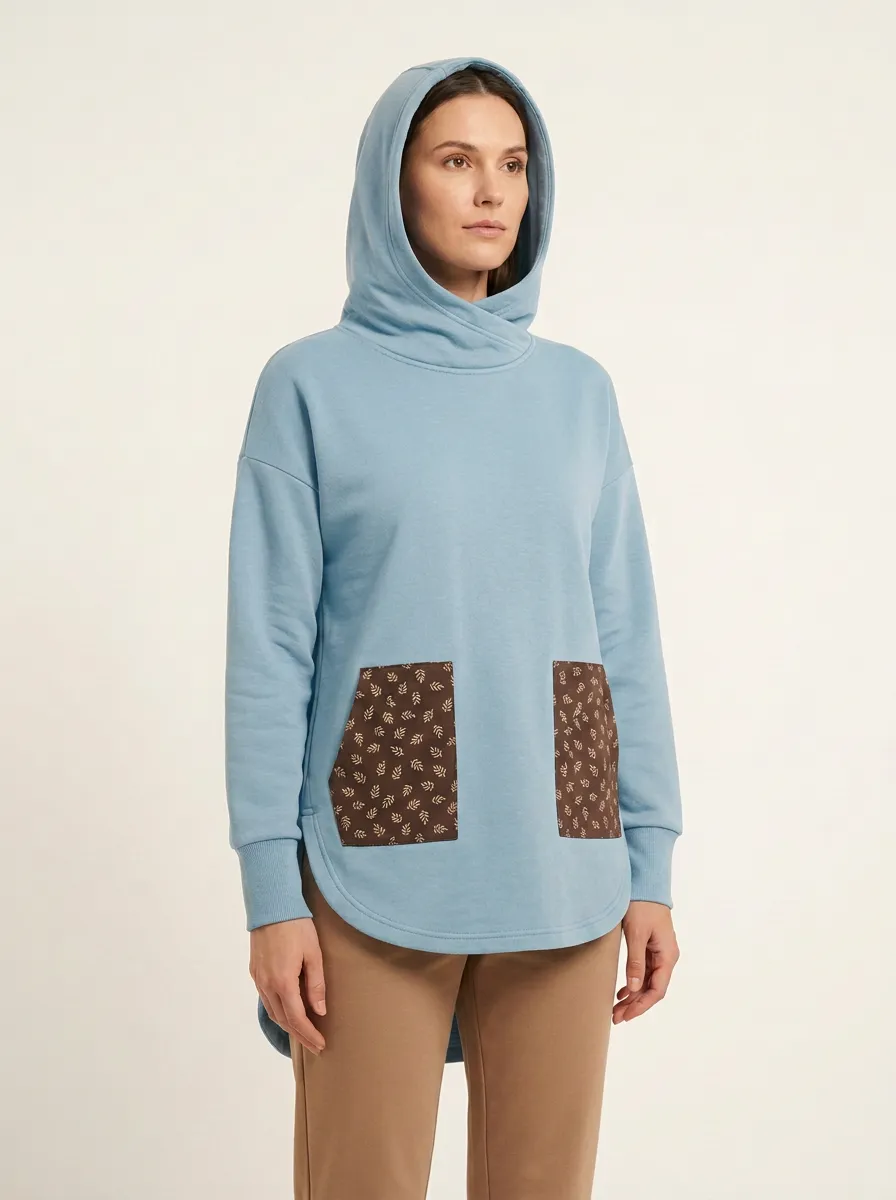 Women's Leaf-Pattern Patch-Pocket High-Low Hoodie