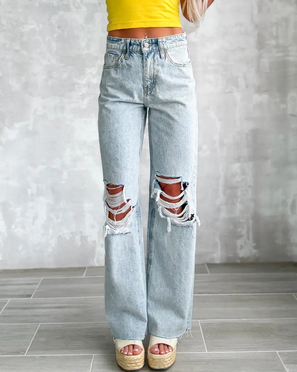Wide-Leg Distressed Jeans