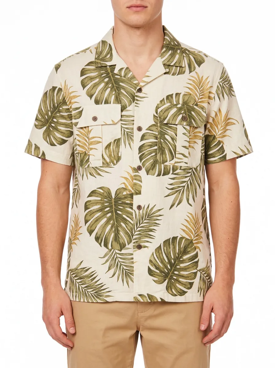 Men's Tropical Print Camp Collar Shirt with Botanical Pattern