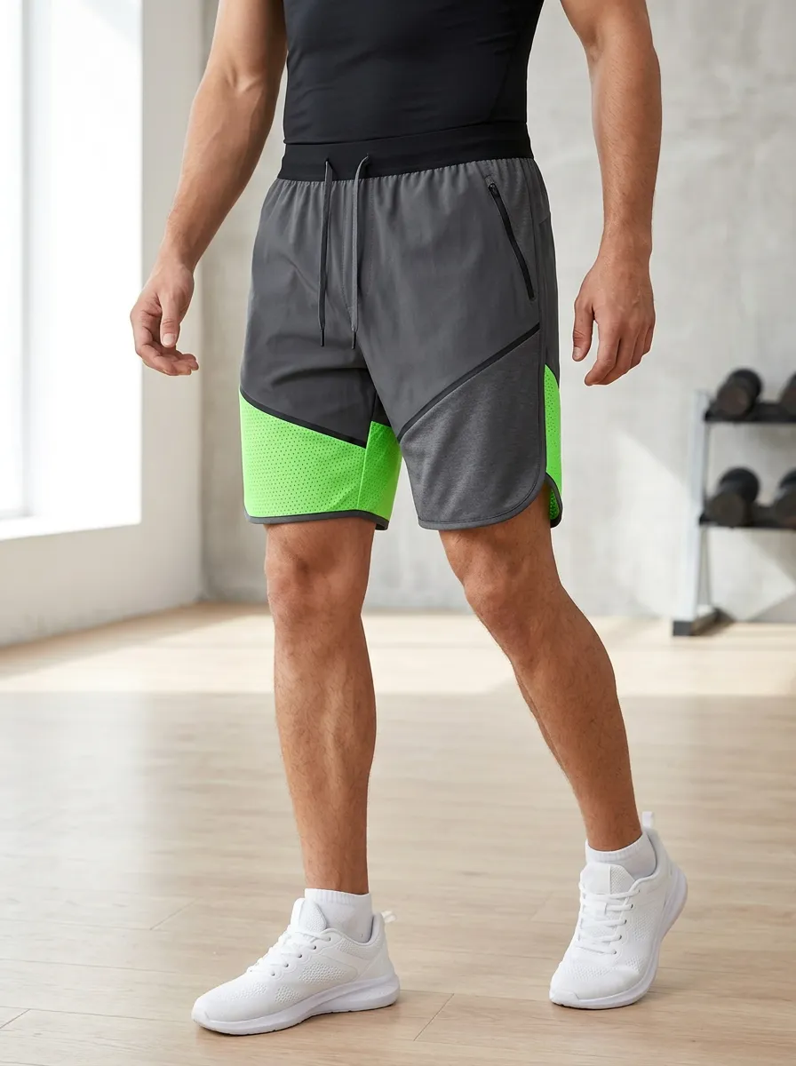 Men's Gym Fitness Neon Green Mesh Panel Zipper Pocket Shorts