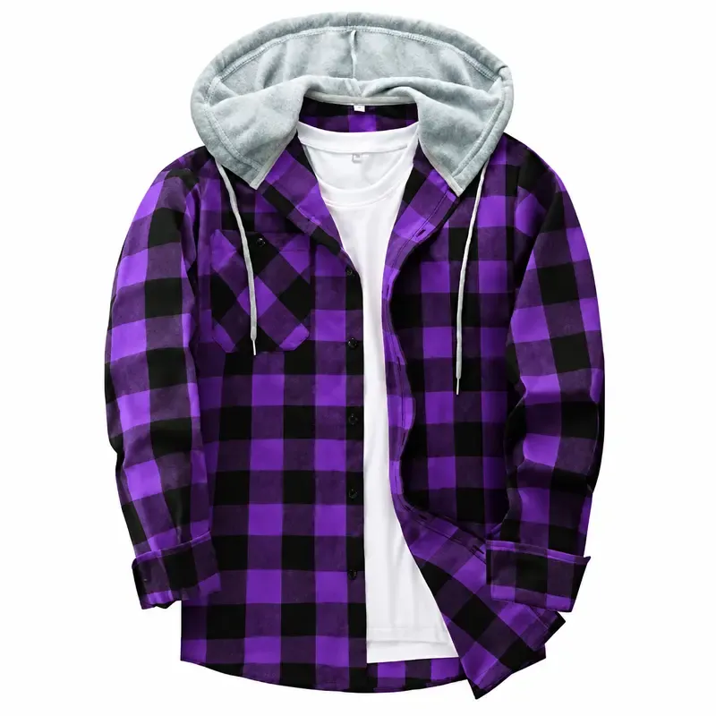 Men's Plus-Size Plaid Flannel Hooded Long-Sleeve Shirt Jacket