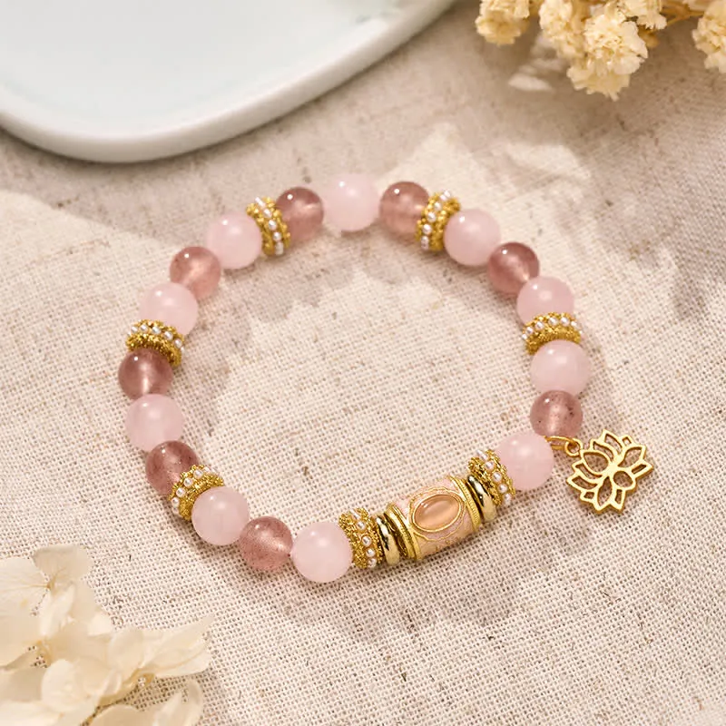 Natural Strawberry Quartz Enamel Barrel Bead Round Bracelet