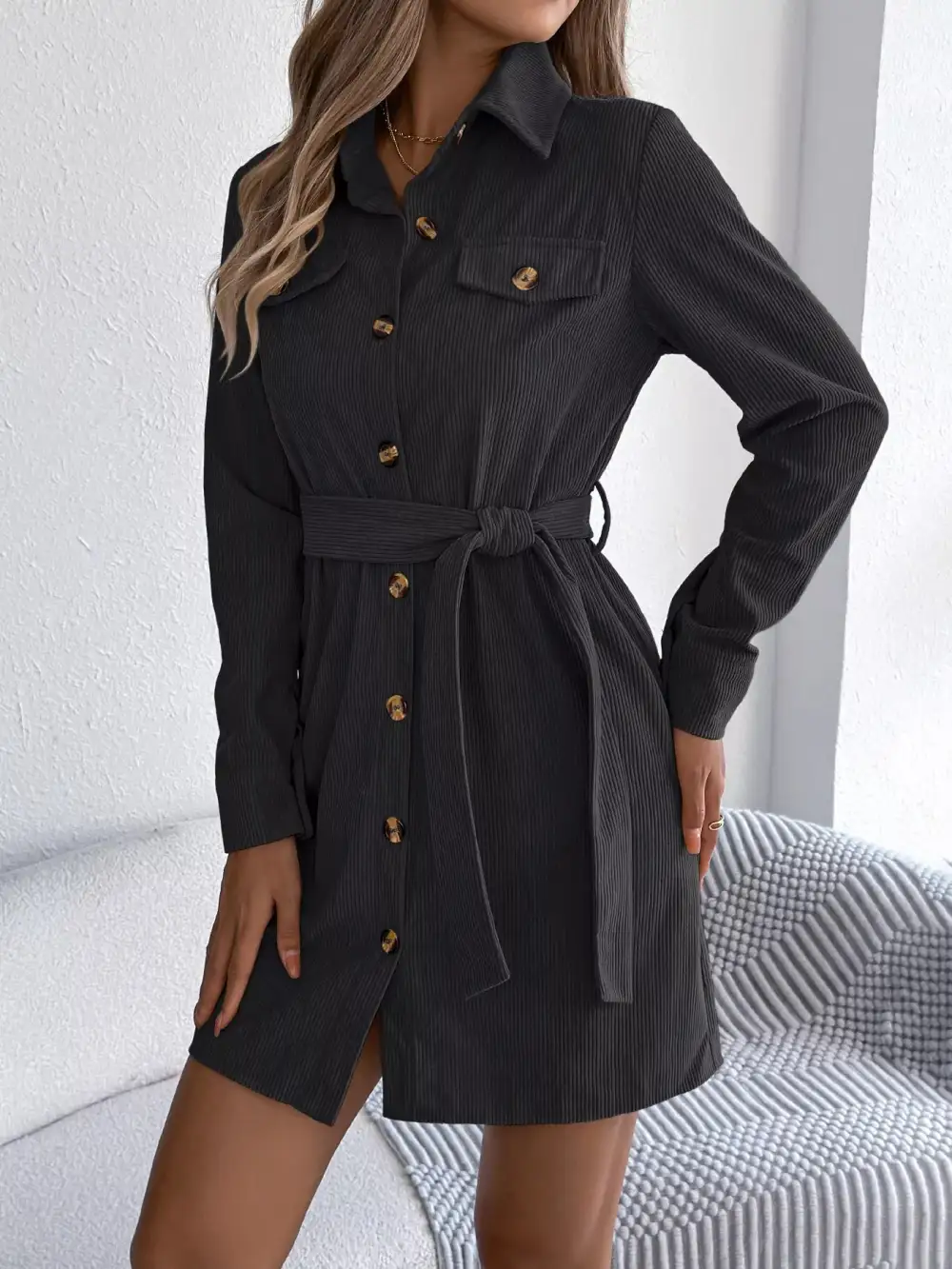 Structured Shape Corduroy Button Front Shirt Dress