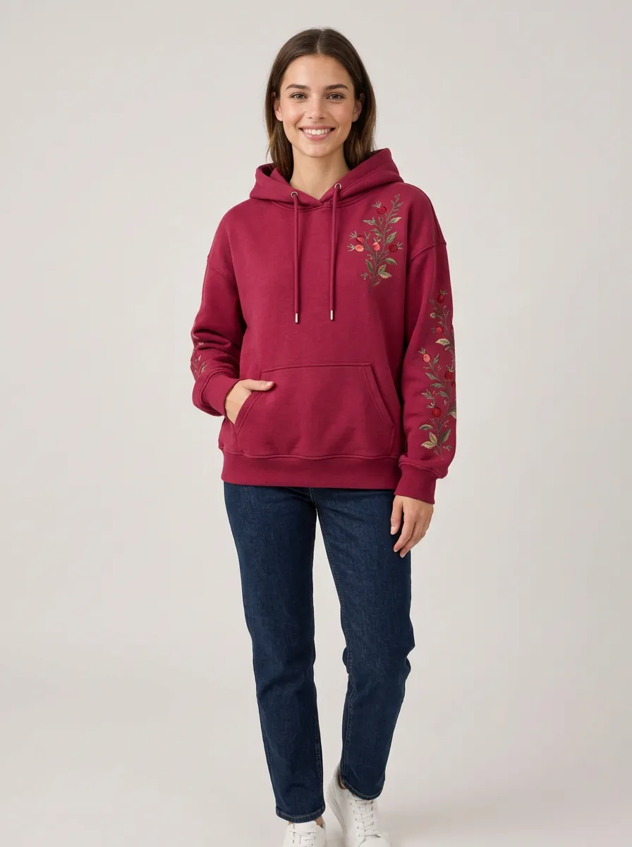 Floral Inspired Women's Floral Berry Branch Embroidered Nature Inspired Hoodie