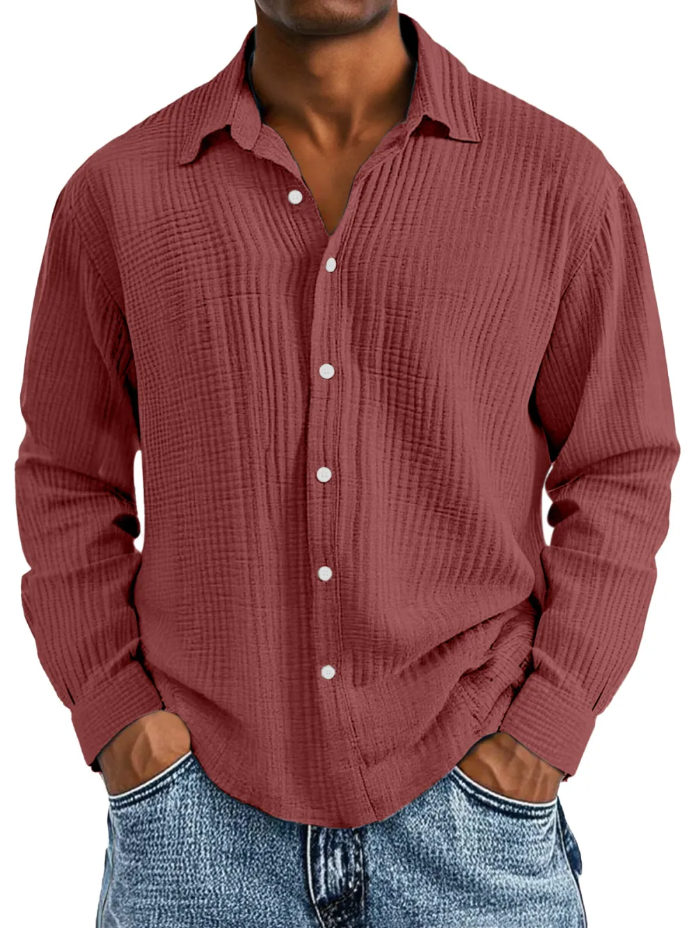 Layered Long Sleeve Camp Collar Pleated Front Shirt