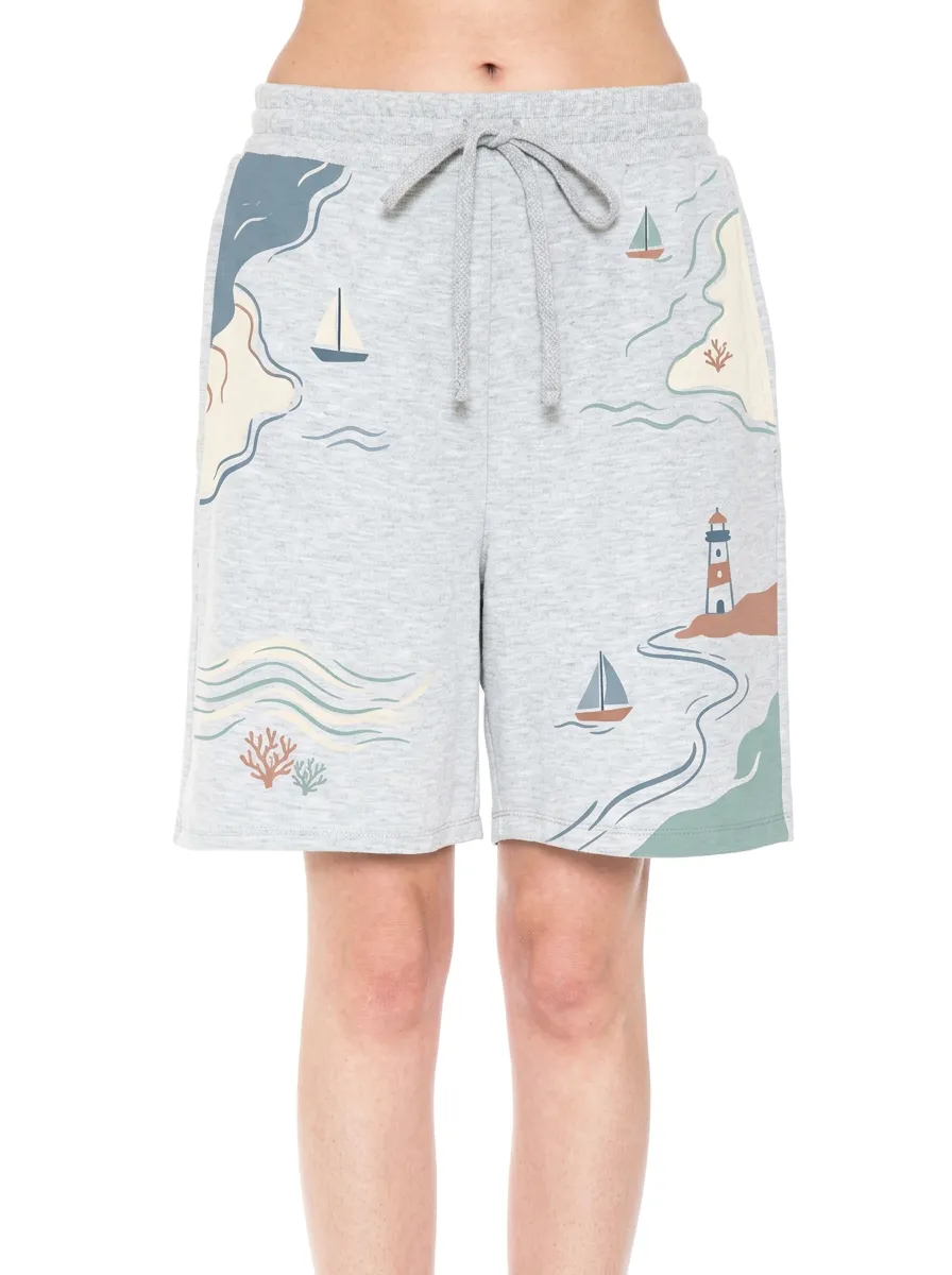 Women's Marin Nautical Ocean Lighthouse Sailboat Graphic Shorts