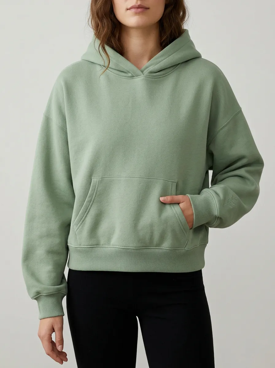 Women's Minimalist Sage Green Leaf Embroidered Printed Hoodie