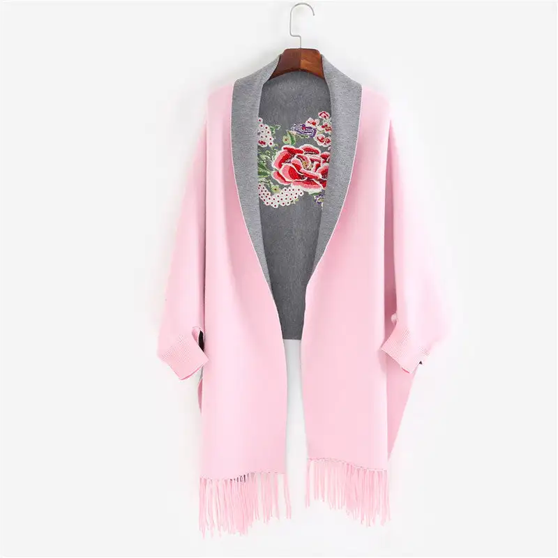 Fringed Embroidered Cape Wrap