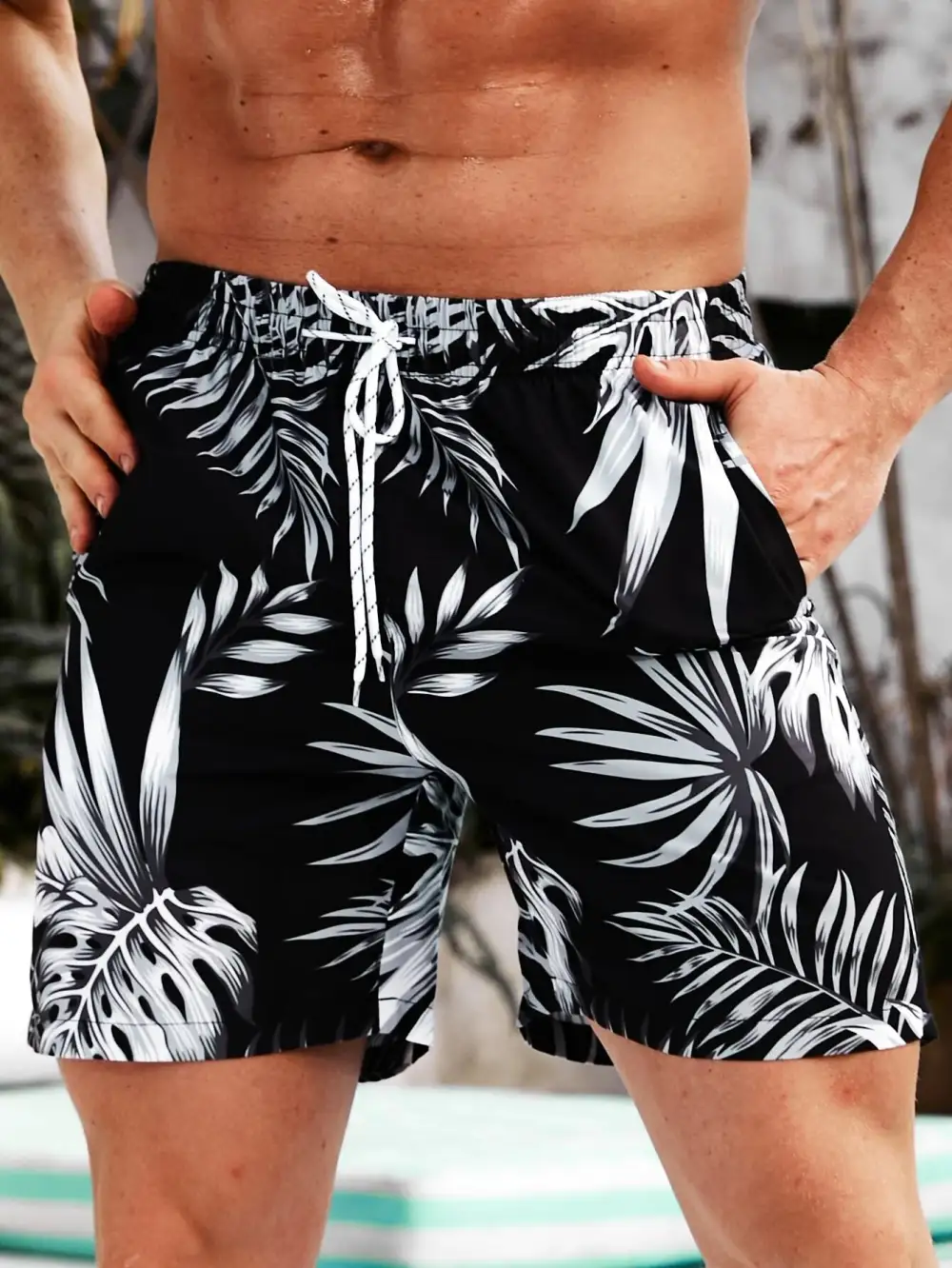 Men's Pocket Tropical Allover Print Swim Trunks