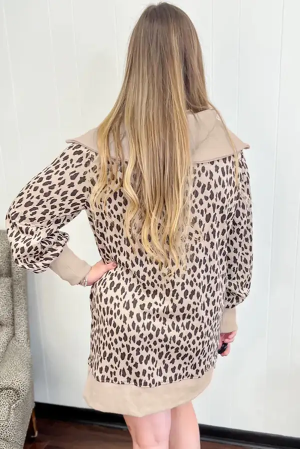 Textured Detail Animal Print Patchwork Zip Front Mini Dress