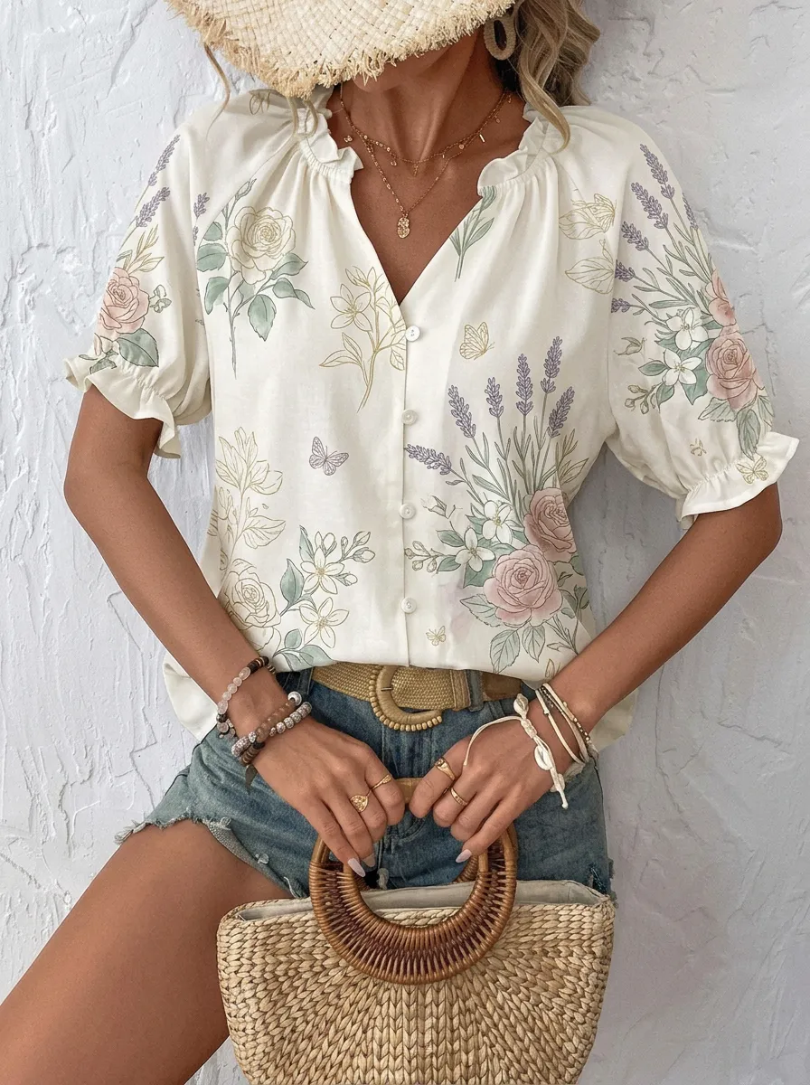 Women's Floral Botanical Butterfly Printed Button-Up Blouse