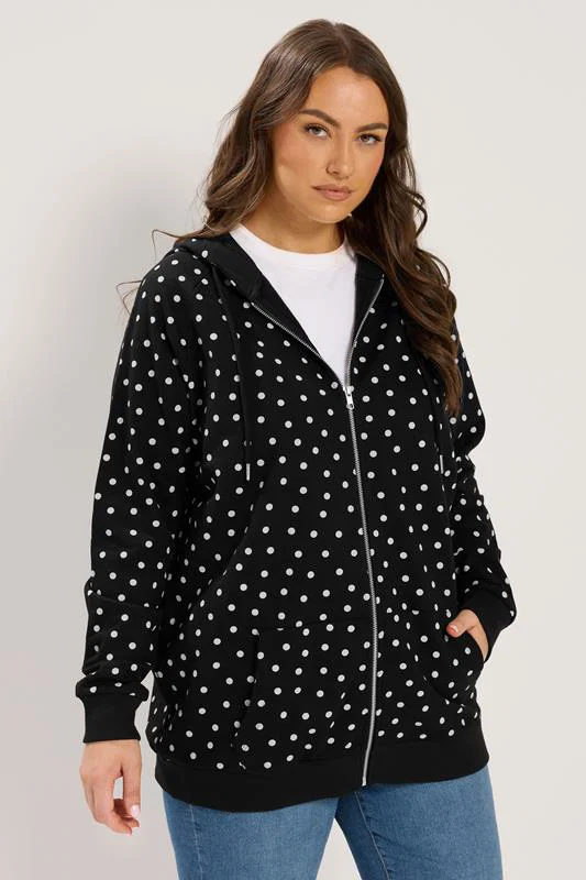 Black Polka Dot Zip Through Raglan Hoodie detail 1