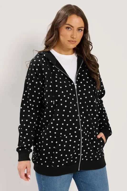 Black Polka Dot Zip Through Raglan Hoodie