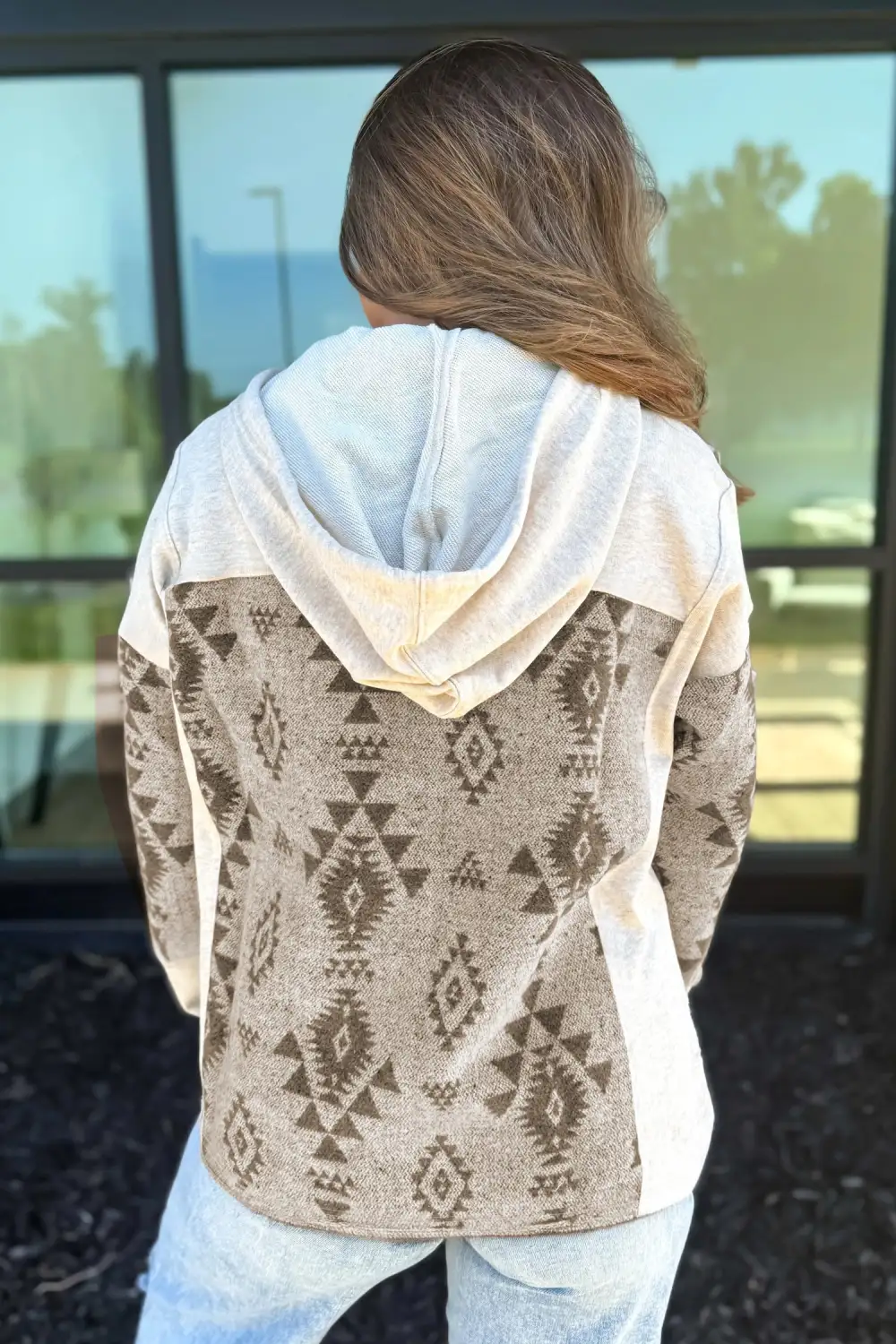 Women's Western Aztec Print Colorblock Patchwork Drawstring Hooded Shacket