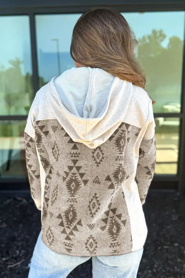 Women's Western Aztec Print Colorblock Patchwork Drawstring Hooded Shacket