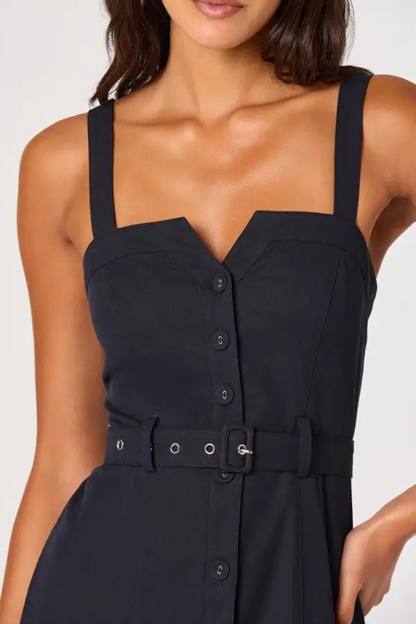 Black Button Front Flared Midi Dress