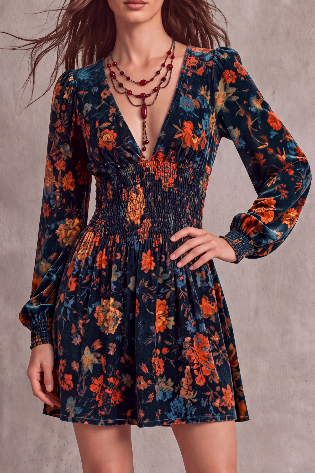Plunge Neck Floral Mini Dress