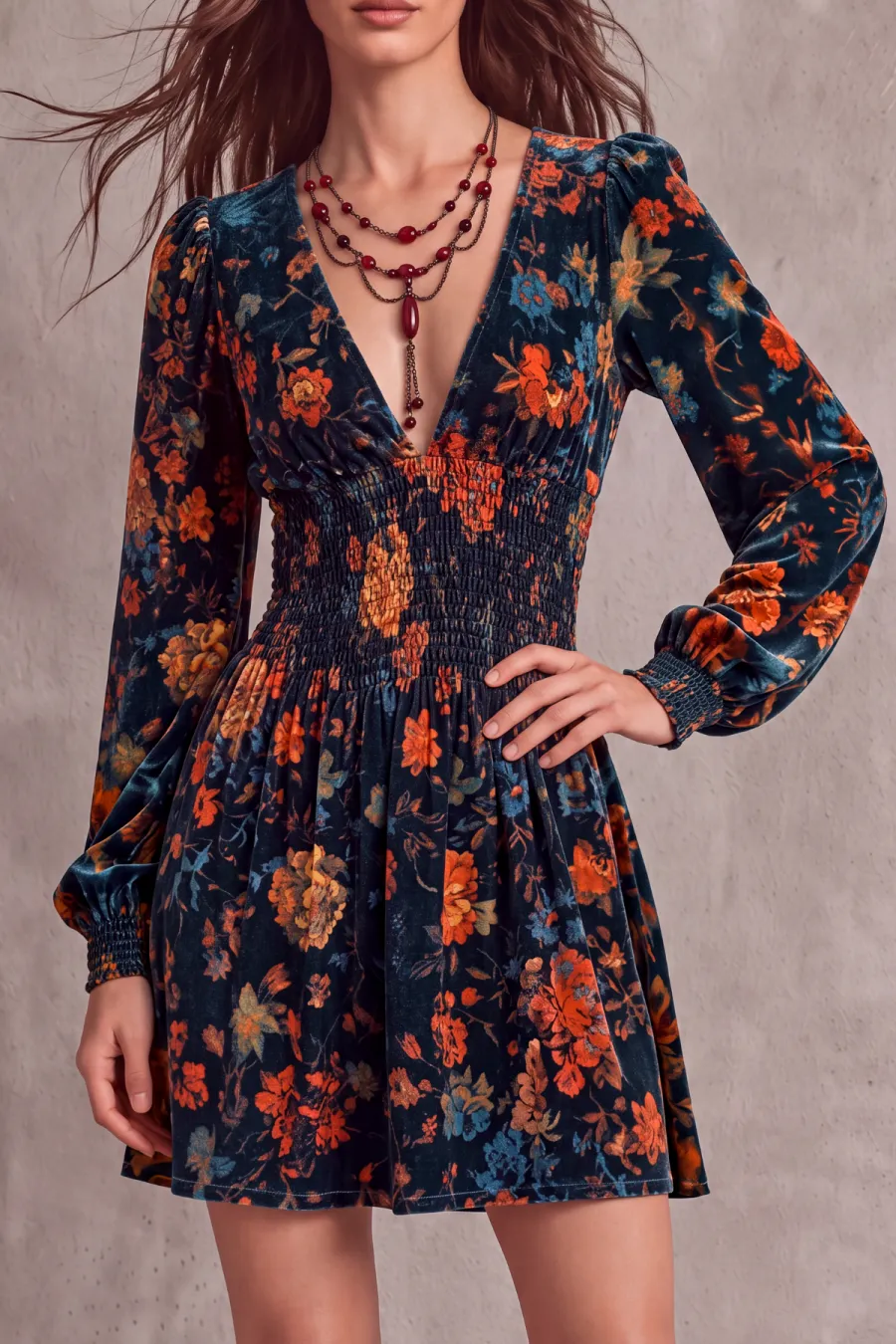 Plunge Neck Floral Mini Dress
