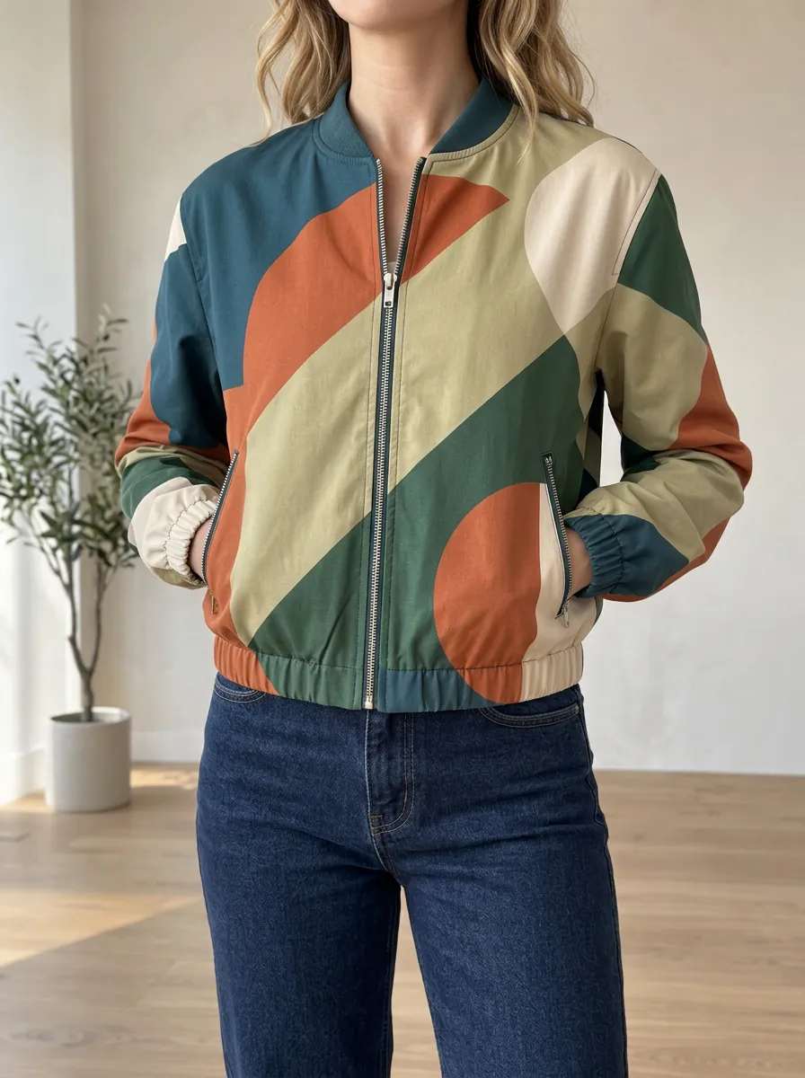 Women's Classic Retro Abstract Geometric Bomber Jacket