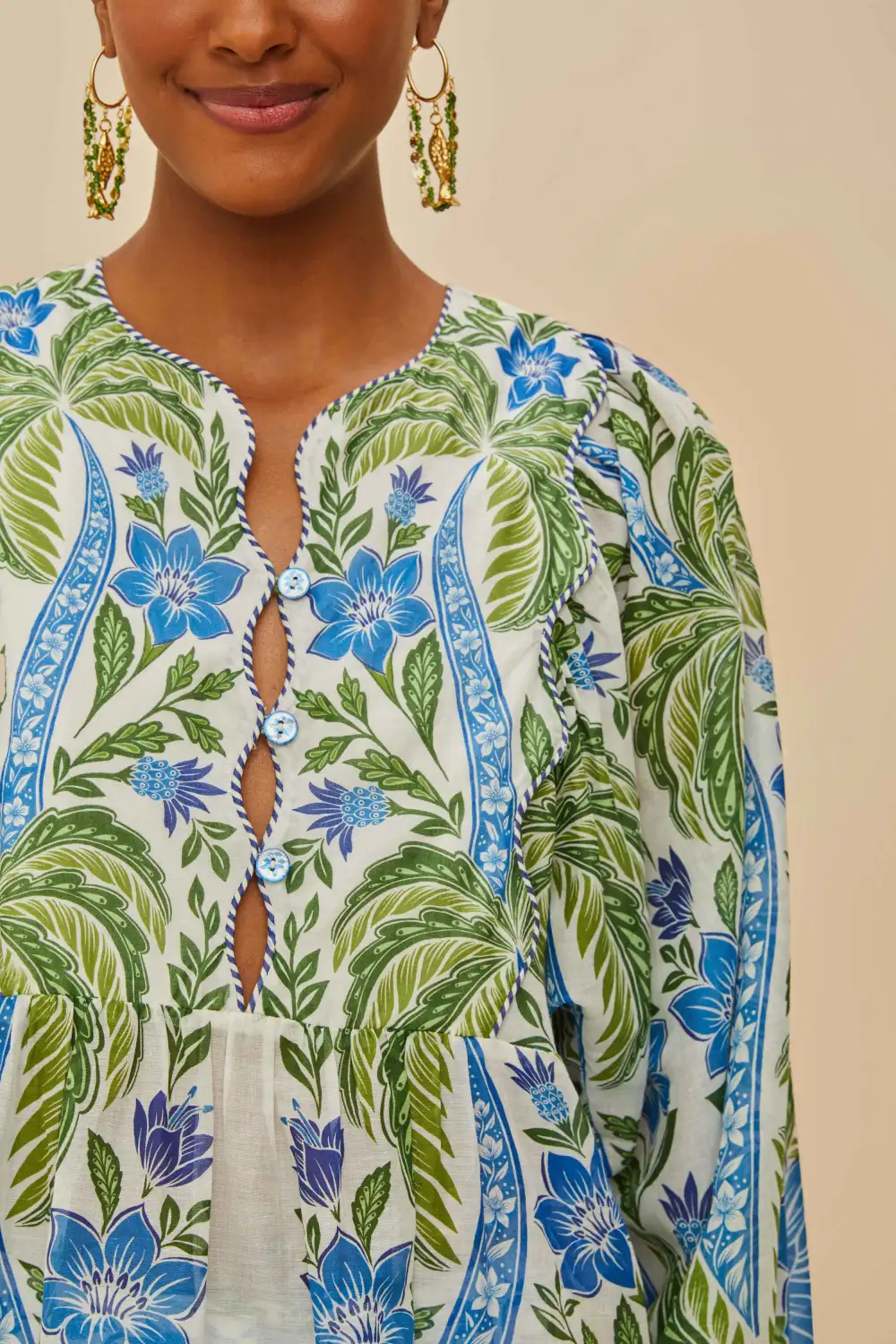 Cotton Tropical-Print Long-Sleeve Button-Front Blouse