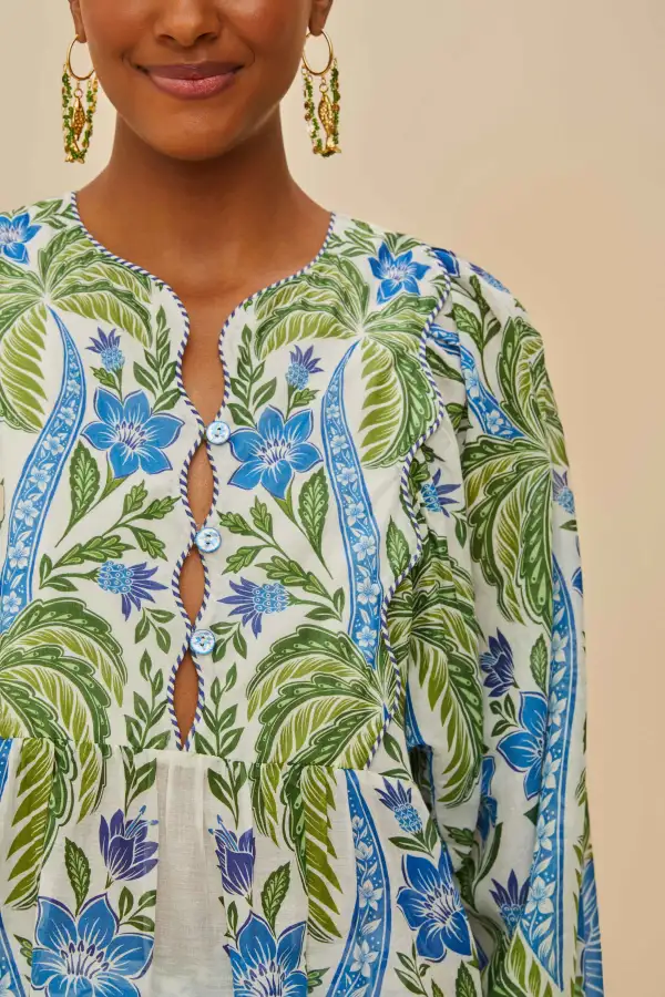 Cotton Tropical-Print Long-Sleeve Button-Front Blouse