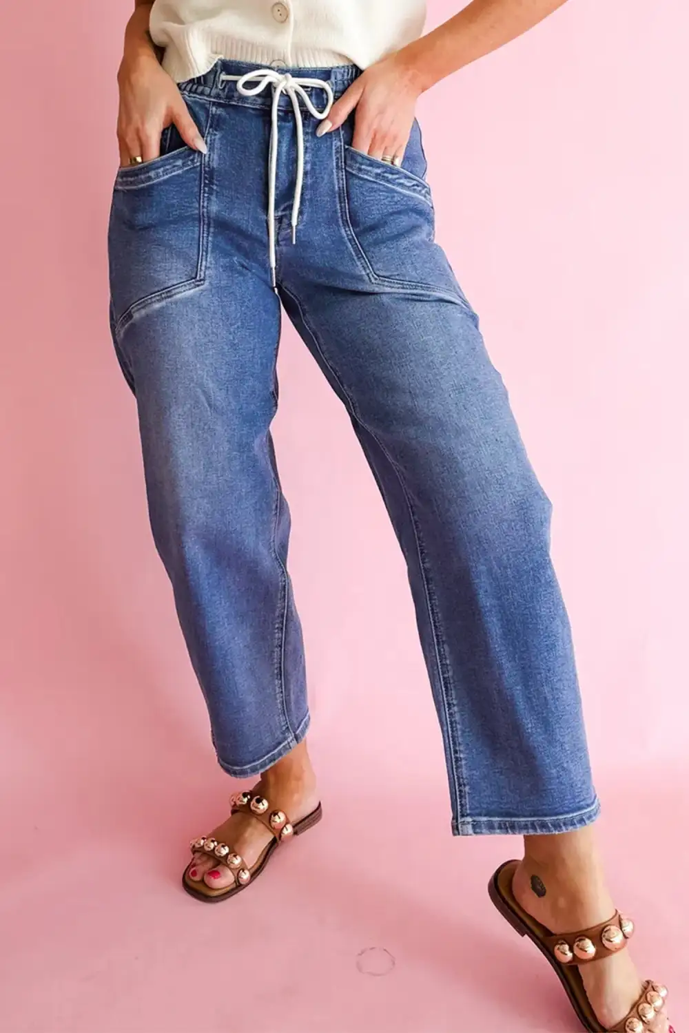 Women's Regular Fit Denim Pants With Drawstring Waist And Pockets