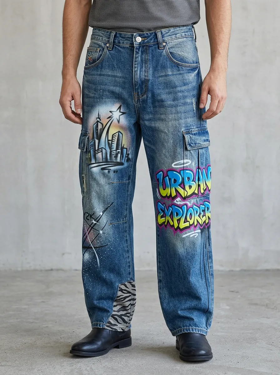 Men's Streetwear Urban Explorer Graffiti Graphic Cargo Jeans