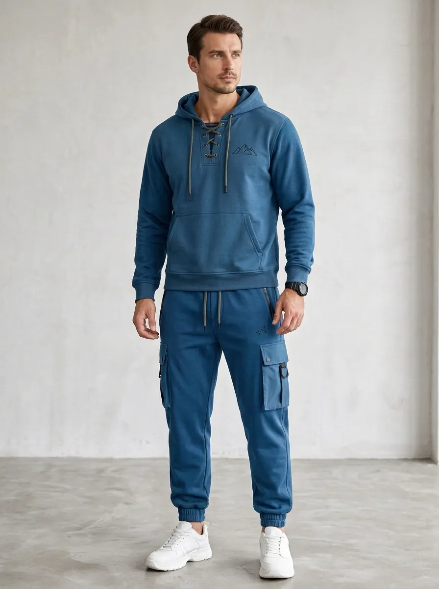 Urban Lace-Up Mountain Graphic Daily Wear Men's Lace Up Hoodie And Cargo Jogger Set