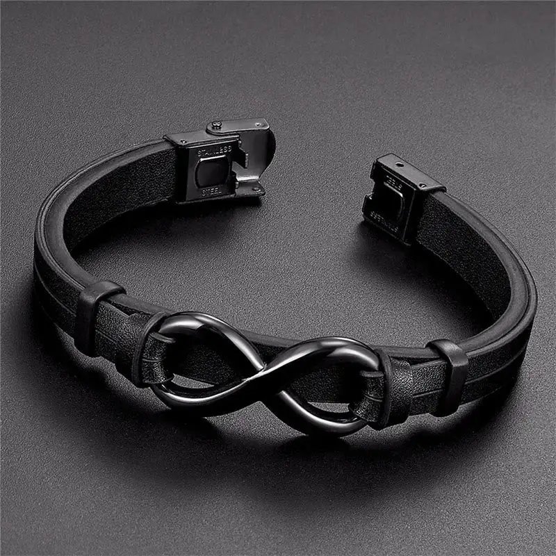 Infinitely Design Titanium Steel Single Layer Leather Bracelet