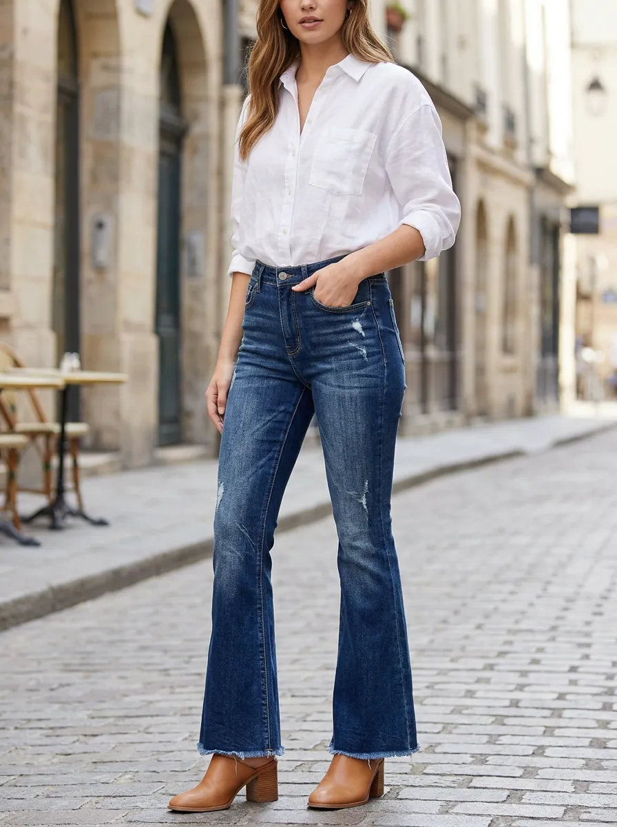 Women's Casual Fashion Distressed Raw Hem Flared Jeans