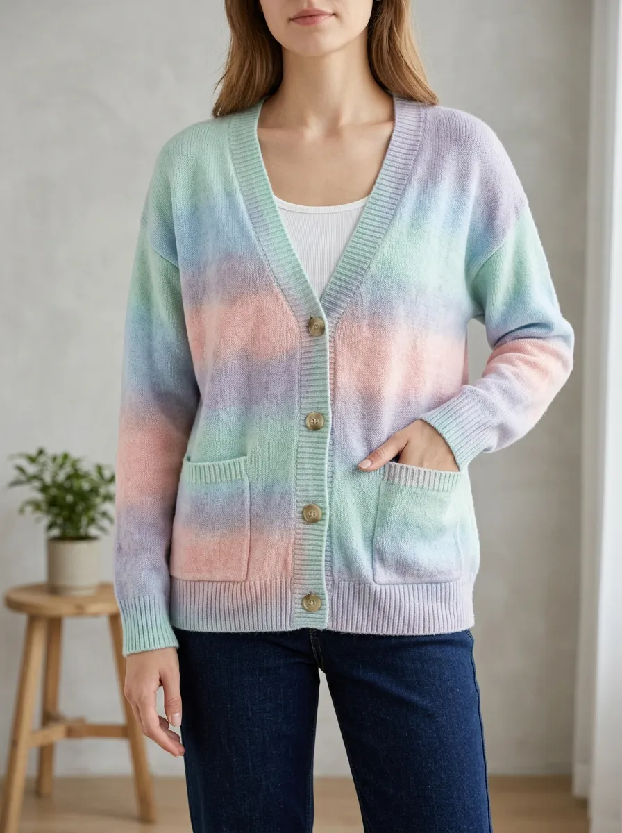 Women's Pastel Rainbow Tie-Dye Printed Cardigan