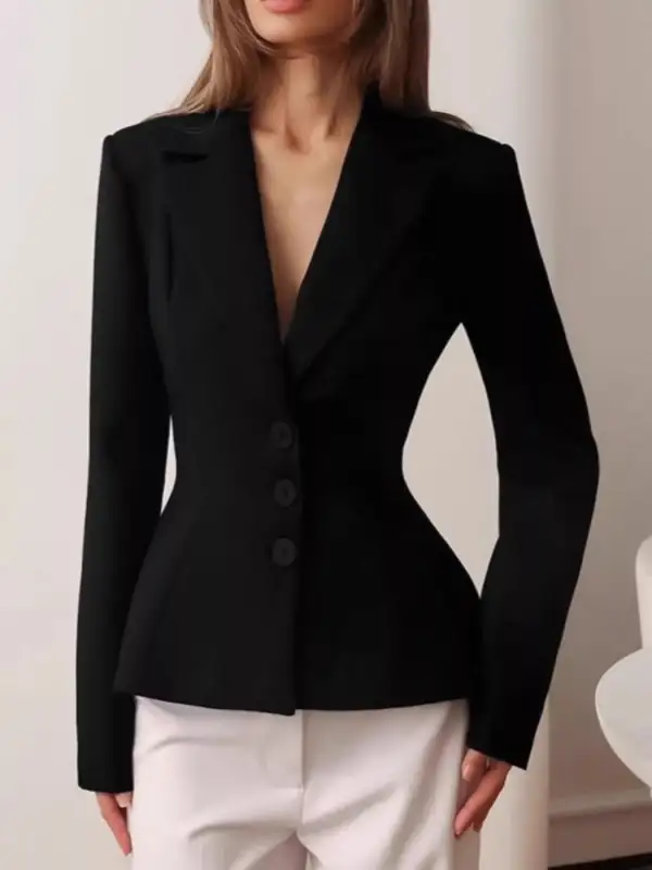 Button-Up Lapel-Collar Peplum Blazer