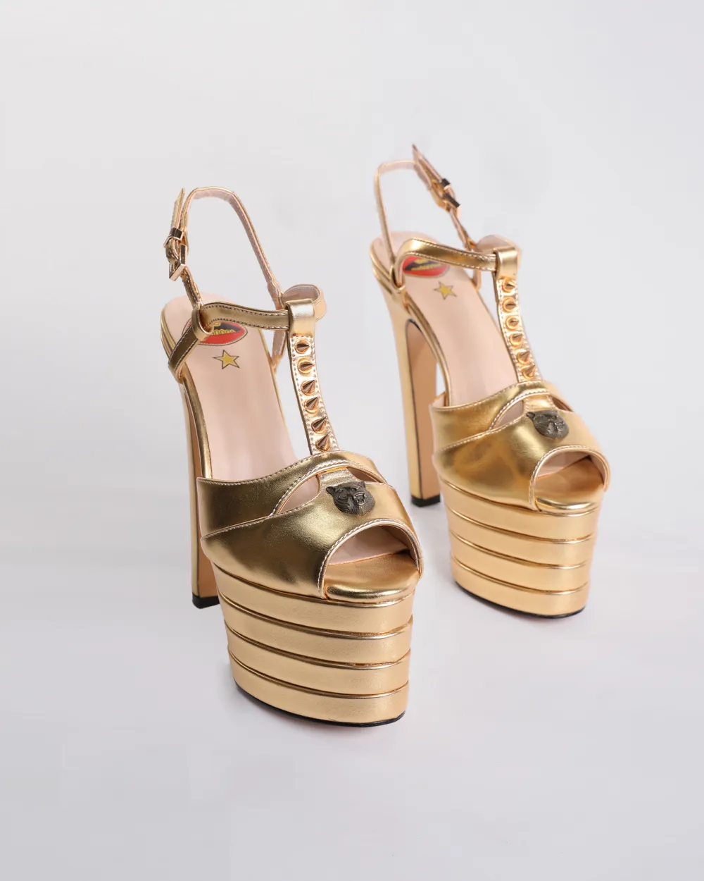Rivet Strap Platform Heels in Gold