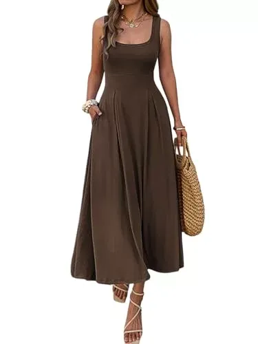Women’s Summer Sleeveless Empire Maxi Dress Square Neck A-Line Pleated Flowy Elegant Casual Dresses with Pockets