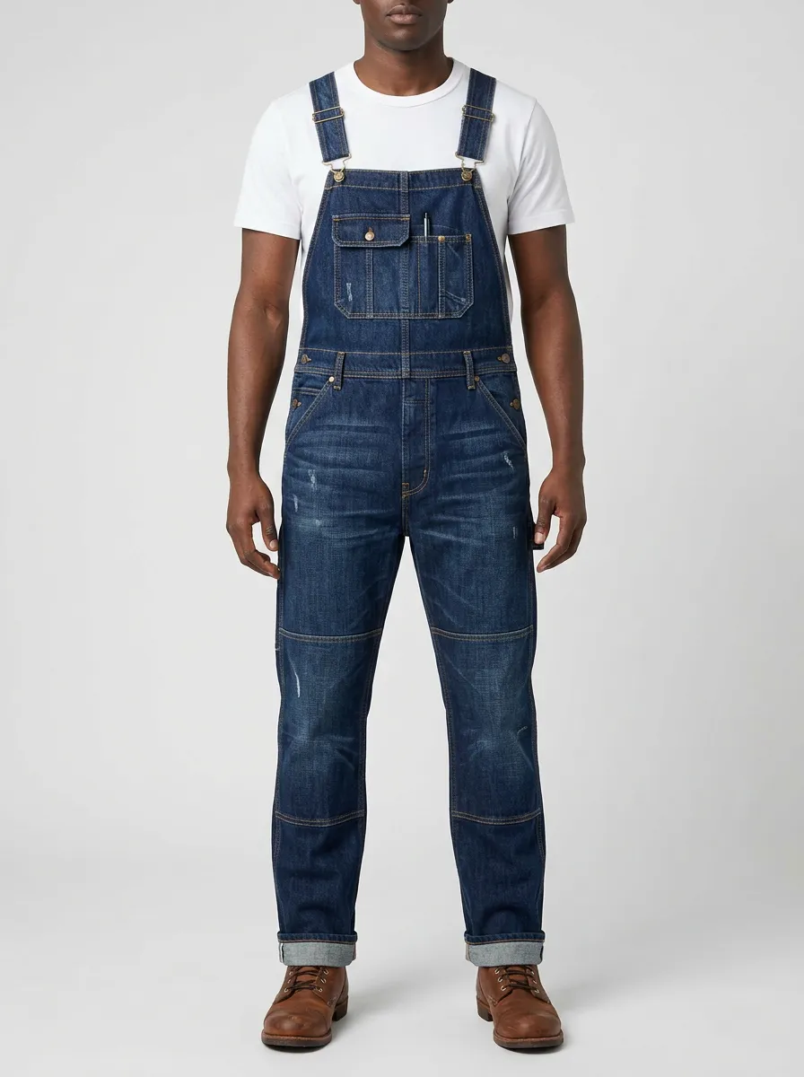 Men's Vintage Distressed Denim Bib Overalls