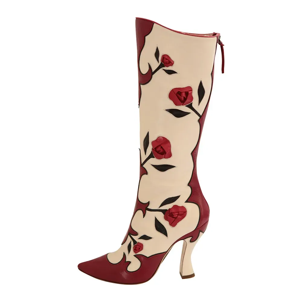 Faux-Leather Zip-Up Pointed-Toe Spool-Heel Knee-High Boots