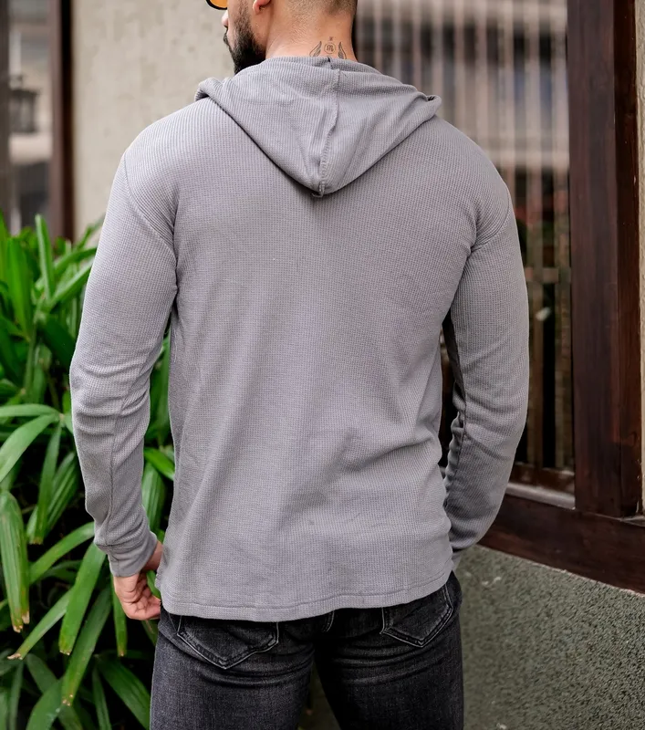 Grey Hooded Henley Style Casual Shirt