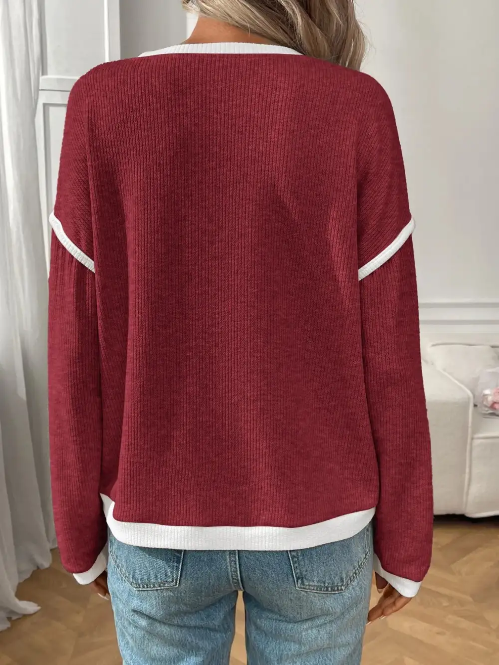 Ribbed Contrast Trim Long Sleeve Top