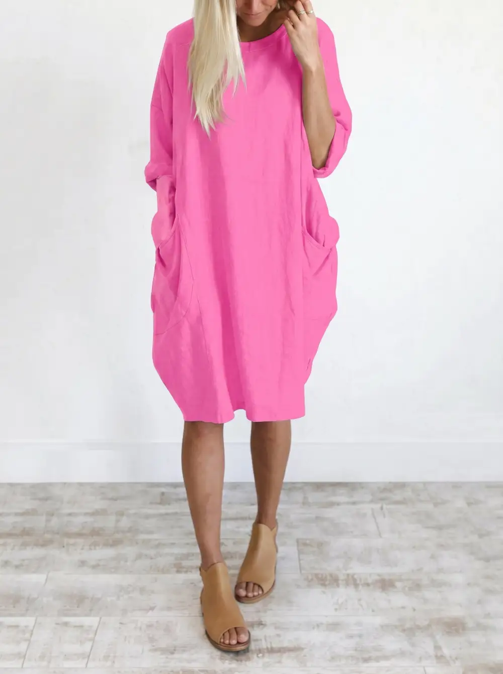 Refined Long Sleeve Relaxed Pocket Solid Color Round Neck Mini Dress