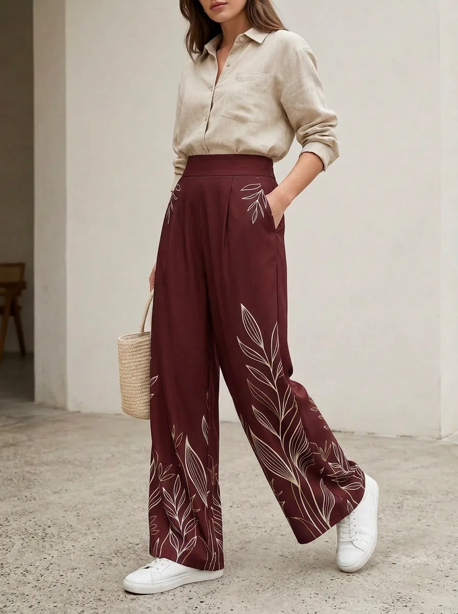 Women's Botanical Leaf Art Navy Patterned High-Waist Wide-Leg Pants